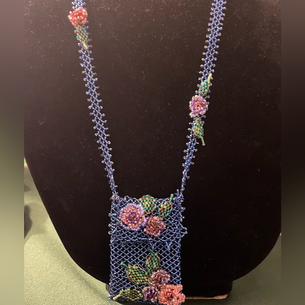 Vintage Blue Beaded Floral Amulet Medicine Totem Pouch Necklace. 38 inches - Picture 2 of 9